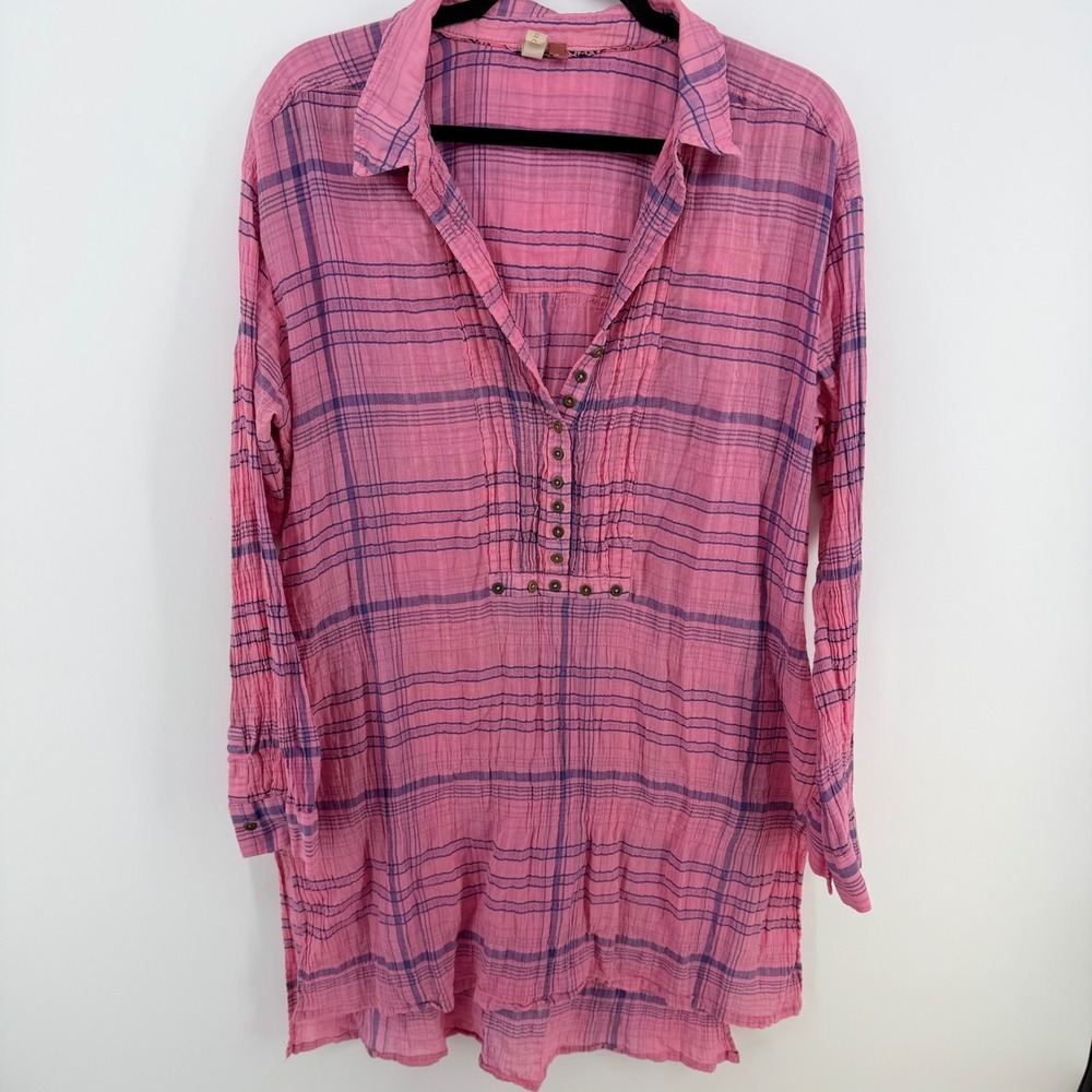 Pilcro Anthropologie XL Pink Blue Plaid Gauze Tunic Top High Low Boho Cotton